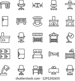 Thin Line Icon Set - cafe vector, bed, checkroom, office chair, desk, bench, fireplace, lamp, bedroom, children room, restaurant table, alcove, fridge