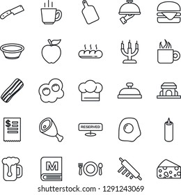 Thin Line Icon Set - cafe vector, cook hat, menu, reserved, reception, coffee, beer, bacon, waiter, bread, building, candle, restaurant receipt, ham, hamburger, bowl, rolling pin, cutting board