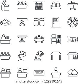Thin Line Icon Set - cafe vector, baby room, reception, flight table, medical, desk, meeting, manager place, picnic, lamp, restaurant, serviette, reserved, salt and pepper