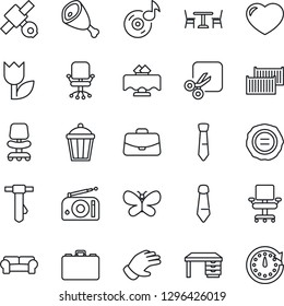 Thin Line Icon Set - cafe vector, office chair, case, desk, tie, stamp, glove, butterfly, garden light, satellite, cargo container, tulip, radio, heart, cut, music, cushioned furniture, ham, clock