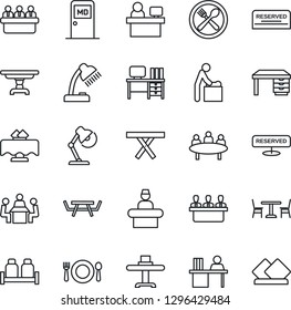 Thin Line Icon Set - cafe vector, baby room, reception, medical, desk, meeting, manager place, picnic table, lamp, restaurant, reserved, salt and pepper, serviette