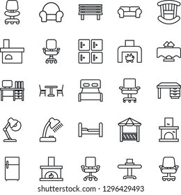 Thin Line Icon Set - cafe vector, checkroom, office chair, desk, bench, fireplace, lamp, bedroom, children room, cushioned furniture, restaurant table, alcove, fridge