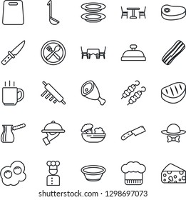 Thin Line Icon Set - cafe vector, coffee, cook, hat, reception, salad, plates, bacon, waiter, table, dress code, steak, kebab, ham, ladle, bowl, rolling pin, cutting board, knife, turkish, omelette