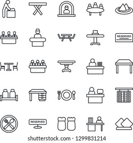 Thin Line Icon Set - cafe vector, baby room, reception, flight table, desk, meeting, manager place, picnic, restaurant, serviette, reserved, salt and pepper
