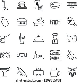 Thin Line Icon Set - cafe vector, coffee, cook, dish, alcohol, restaurant table, reserved, cocktail, phyto bar, salad, building, open close, receipt, chicken, steak, ham, hamburger, ladle, turkish