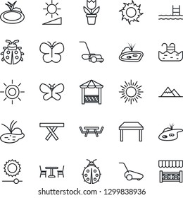 Thin Line Icon Set - cafe vector, sun, flower in pot, lawn mower, butterfly, lady bug, pond, picnic table, brightness, pool, mountains, alcove