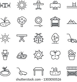 Thin Line Icon Set - cafe vector, sun, flower in pot, lawn mower, butterfly, lady bug, pond, picnic table, brightness, pool, fruit tree, mountains, restaurant, alcove