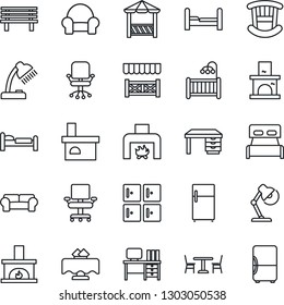 Thin Line Icon Set - cafe vector, bed, checkroom, office chair, desk, bench, fireplace, lamp, bedroom, children room, cushioned furniture, restaurant table, alcove, fridge