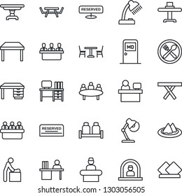 Thin Line Icon Set - cafe vector, baby room, reception, medical, desk, meeting, manager place, picnic table, lamp, restaurant, serviette, reserved, salt and pepper