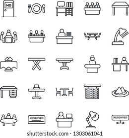 Thin Line Icon Set - cafe vector, reception, flight table, medical room, desk, meeting, manager place, picnic, lamp, restaurant, serviette, reserved