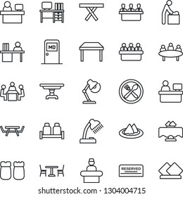Thin Line Icon Set - cafe vector, baby room, reception, medical, desk, meeting, manager place, picnic table, lamp, restaurant, serviette, reserved, salt and pepper