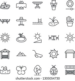 Thin Line Icon Set - cafe vector, sun, flower in pot, lawn mower, butterfly, lady bug, pond, picnic table, brightness, pool, fruit tree, mountains, restaurant, alcove