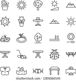 Thin Line Icon Set - cafe vector, sun, flower in pot, lawn mower, butterfly, lady bug, pond, picnic table, brightness, pool, fruit tree, mountains, restaurant