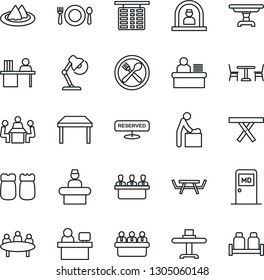 Thin Line Icon Set - cafe vector, baby room, reception, flight table, medical, meeting, manager place, picnic, desk, lamp, restaurant, serviette, reserved, salt and pepper
