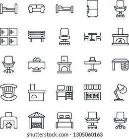 Thin Line Icon Set - cafe vector, bed, checkroom, office chair, desk, bench, fireplace, lamp, bedroom, children room, cushioned furniture, restaurant table, alcove, fridge