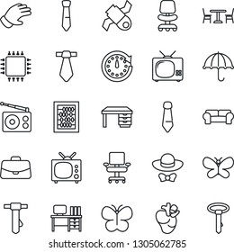 Thin Line Icon Set - cafe vector, office chair, case, abacus, desk, tie, glove, butterfly, real heart, satellite, umbrella, radio, cushioned furniture, tv, dress code, chip, clock