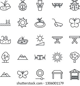 Thin Line Icon Set - cafe vector, sun, flower in pot, lawn mower, butterfly, lady bug, pond, picnic table, brightness, pool, fruit tree, mountains, alcove