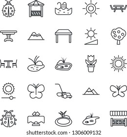 Thin Line Icon Set - cafe vector, sun, flower in pot, lawn mower, butterfly, lady bug, pond, picnic table, brightness, pool, fruit tree, mountains, restaurant, alcove