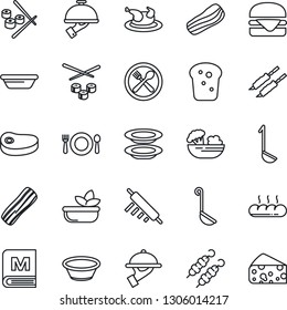 Thin Line Icon Set - cafe vector, menu, salad, plates, bacon, waiter, bread, chicken, steak, kebab, hamburger, ladle, bowl, rolling pin, sushi, cheese