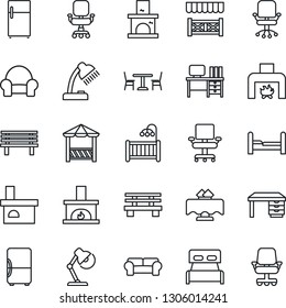 Thin Line Icon Set - cafe vector, office chair, desk, bench, fireplace, lamp, bedroom, children room, cushioned furniture, restaurant table, alcove, fridge