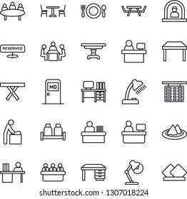 Thin Line Icon Set - cafe vector, baby room, reception, flight table, medical, desk, meeting, manager place, picnic, lamp, serviette, reserved, salt and pepper