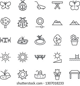 Thin Line Icon Set - cafe vector, sun, flower in pot, lawn mower, butterfly, lady bug, pond, picnic table, brightness, pool, fruit tree, mountains