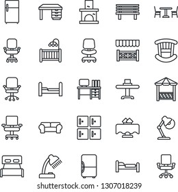 Thin Line Icon Set - cafe vector, bed, checkroom, office chair, desk, bench, fireplace, lamp, bedroom, children room, cushioned furniture, restaurant table, alcove, fridge