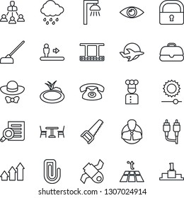 Thin Line Icon Set - cafe vector, escalator, document search, saw, rain, hoe, pond, eye, plane, satellite, client, film frame, rca, brightness, lock, paper clip, hierarchy, phone, cook, dress code