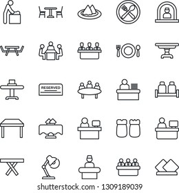 Thin Line Icon Set - cafe vector, baby room, reception, meeting, manager place, picnic table, desk, lamp, restaurant, serviette, reserved, salt and pepper