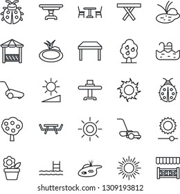 Thin Line Icon Set - cafe vector, sun, flower in pot, lawn mower, lady bug, pond, picnic table, brightness, pool, fruit tree, restaurant, alcove