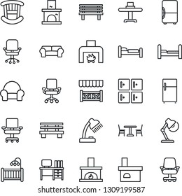 Thin Line Icon Set - cafe vector, bed, checkroom, office chair, desk, bench, fireplace, lamp, bedroom, children room, cushioned furniture, restaurant table, alcove, fridge