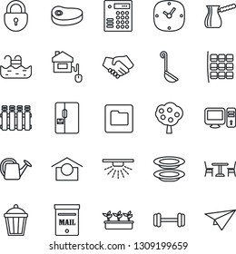 Thin Line Icon Set - cafe vector, seat map, lock, watering can, seedling, garden light, barbell, warehouse storage, clock, folder, pool, mailbox, fruit tree, fridge, plates, steak, ladle, pc