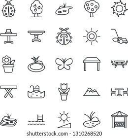 Thin Line Icon Set - cafe vector, flower in pot, lawn mower, butterfly, lady bug, sun, pond, picnic table, brightness, pool, fruit tree, mountains, restaurant, alcove