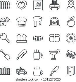 Thin Line Icon Set - cafe vector, ticket office, coffee, job, printer, fence, heart, dropper, thermometer, ambulance car, navigation, up side sign, barcode, compass, water supply, key, cook hat