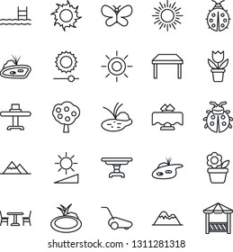 Thin Line Icon Set - cafe vector, sun, flower in pot, lawn mower, butterfly, lady bug, pond, brightness, pool, fruit tree, mountains, table, restaurant, alcove