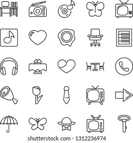 Thin Line Icon Set - cafe vector, phone, right arrow, desk, tie, stamp, butterfly, umbrella, tulip, radio, tv, headphones, heart, music, abacus, office chair, restaurant table, dress code, ham