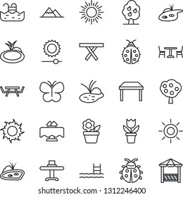 Thin Line Icon Set - cafe vector, sun, flower in pot, butterfly, lady bug, pond, picnic table, brightness, pool, fruit tree, mountains, restaurant, alcove