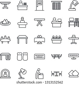 Thin Line Icon Set - cafe vector, baby room, reception, flight table, medical, desk, meeting, manager place, picnic, lamp, restaurant, serviette, reserved, salt and pepper