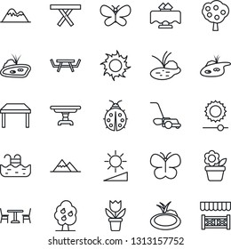 Thin Line Icon Set - cafe vector, flower in pot, lawn mower, butterfly, lady bug, sun, pond, picnic table, brightness, pool, fruit tree, mountains, restaurant, alcove