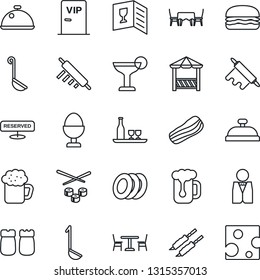 Thin Line Icon Set - cafe vector, waiter, dish, alcohol, wine card, reserved, reception, cocktail, beer, plates, bacon, egg stand, salt and pepper, table, vip zone, alcove, kebab, hamburger, ladle
