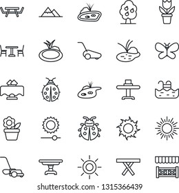 Thin Line Icon Set - cafe vector, sun, flower in pot, lawn mower, butterfly, lady bug, pond, picnic table, brightness, pool, fruit tree, mountains, restaurant, alcove