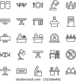 Thin Line Icon Set - cafe vector, baby room, reception, medical, desk, manager place, picnic table, lamp, meeting, restaurant, reserved, salt and pepper