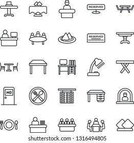 Thin Line Icon Set - cafe vector, reception, flight table, medical room, desk, meeting, manager place, picnic, lamp, restaurant, serviette, reserved