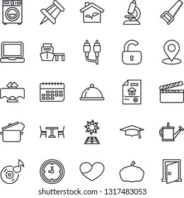 Thin Line Icon Set - cafe vector, graduate, drawing pin, watering can, saw, pumpkin, microscope, clock, term, sea port, clapboard, laptop pc, heart, rca, place tag, music, estate document, lock
