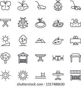 Thin Line Icon Set - cafe vector, sun, lawn mower, butterfly, lady bug, pond, picnic table, brightness, pool, fruit tree, mountains, restaurant, alcove