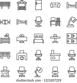 Thin Line Icon Set - cafe vector, bed, checkroom, office chair, desk, bench, fireplace, lamp, bedroom, children room, cushioned furniture, restaurant table, alcove, fridge