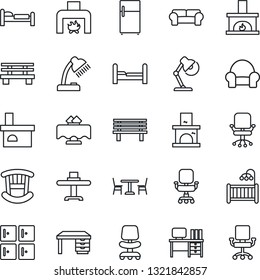 Thin Line Icon Set - cafe vector, bed, checkroom, office chair, desk, bench, fireplace, lamp, bedroom, children room, cushioned furniture, restaurant table, fridge