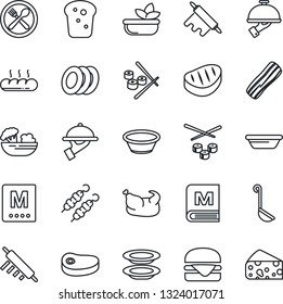 Thin Line Icon Set - cafe vector, menu, salad, plates, bacon, waiter, bread, chicken, steak, kebab, hamburger, ladle, bowl, rolling pin, sushi, cheese