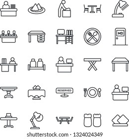 Thin Line Icon Set - cafe vector, baby room, medical, desk, manager place, picnic table, lamp, meeting, restaurant, serviette, reserved, salt and pepper