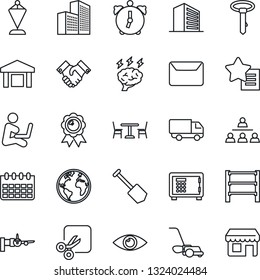 Thin Line Icon Set - cafe vector, boarding, safe, office building, pennant, medal, brainstorm, calendar, job, lawn mower, eye, earth, car delivery, warehouse, rack, favorites list, alarm, cut, mail
